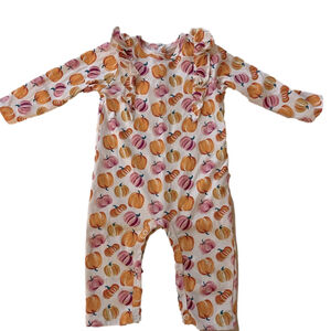 Chick Pea 6-9 months orange pink pumpkins long pants romper ruffle detail